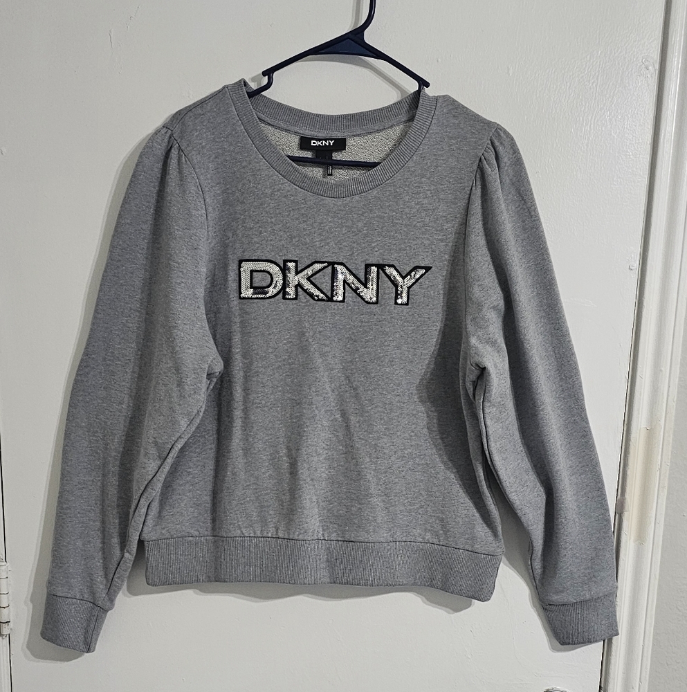 DKNY Jeans Womens Long Sleeve Pullover Gray Sequin Logo‎ Sweatshirt L